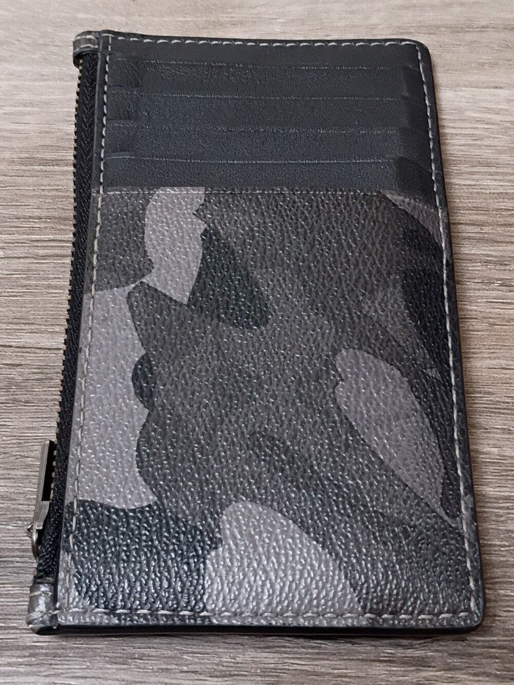 Coach Unisex Black Grey Carmo Pebbled‎ Leather Card Holder Coin Pouch Wallet